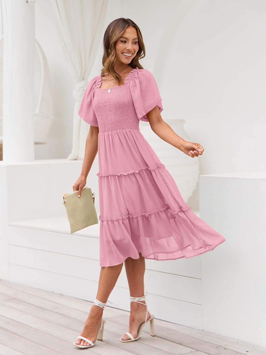 LILLUSORY Women's Summer Casual Flutter Sleeve Square Neck Smocked Midi Dress - Image 3