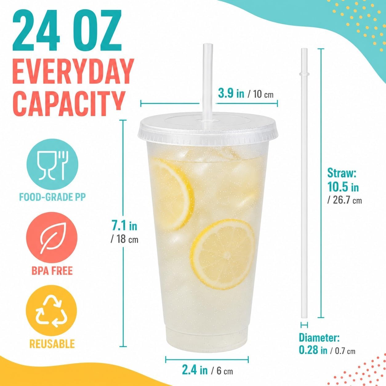 24-Pack Clear Tumblers with Lids and Straws, 24 oz Glitter Plastic Cups