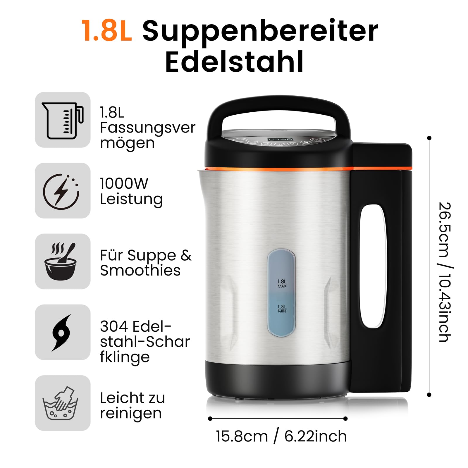 Zuppa elettrica multifunzione da 1,8 l, in acciaio inox, 1000 W, con funzione mixer, 4 programmi, timer, funzione di mantenimento del calore, autopulente per zuppe frullati