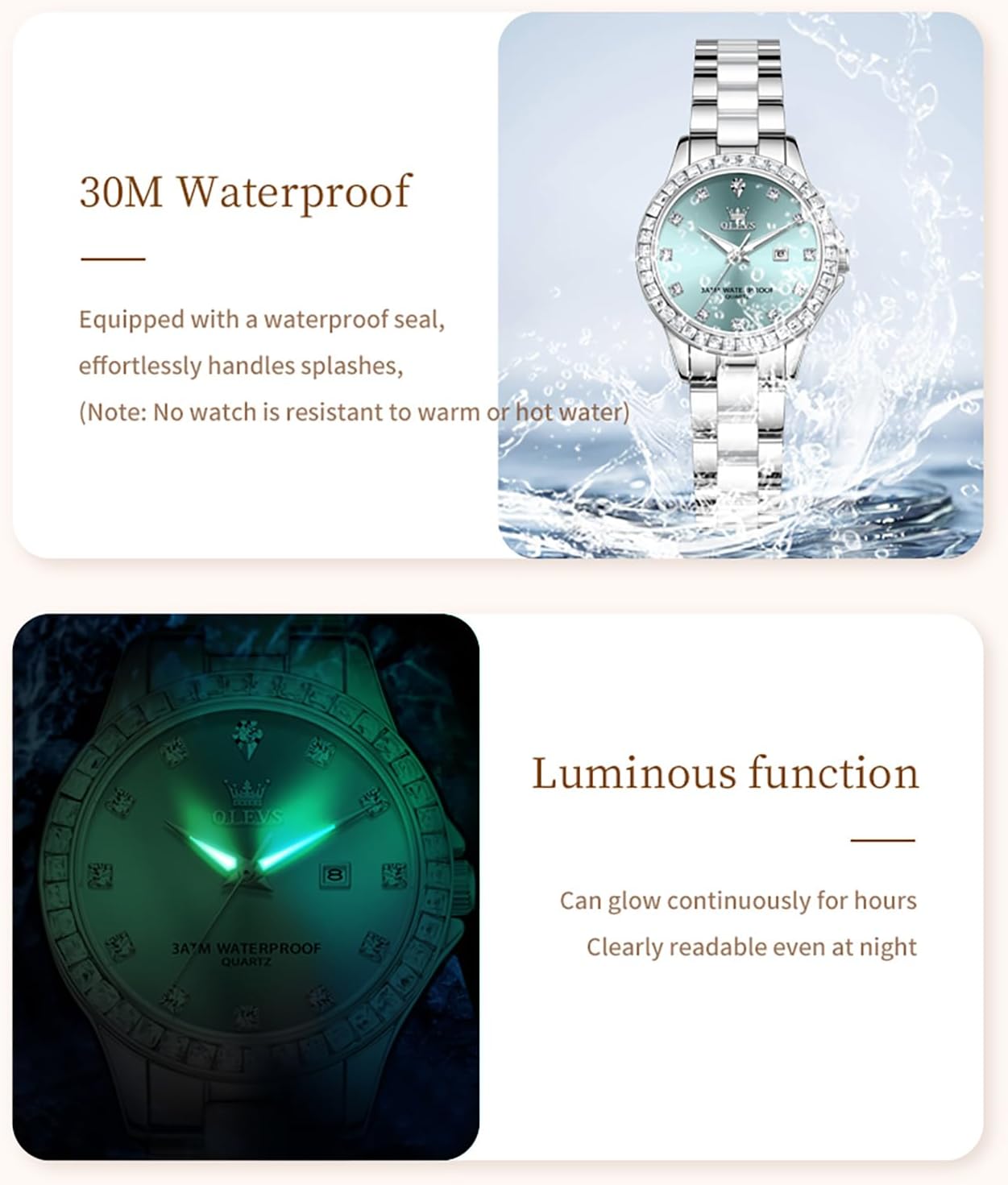 OLEVS Womens Watch Rose Gold Diamond Elegant Ladies Wrist Watch Stainless Steel Ceramic Two Tone Bracelet Waterproof Luminous
