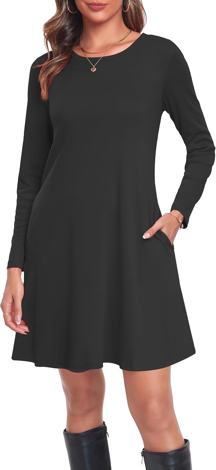 Moskill Long Sleeve Tshirt Dresses for Women with Pockets Casual Loose Swing Dress