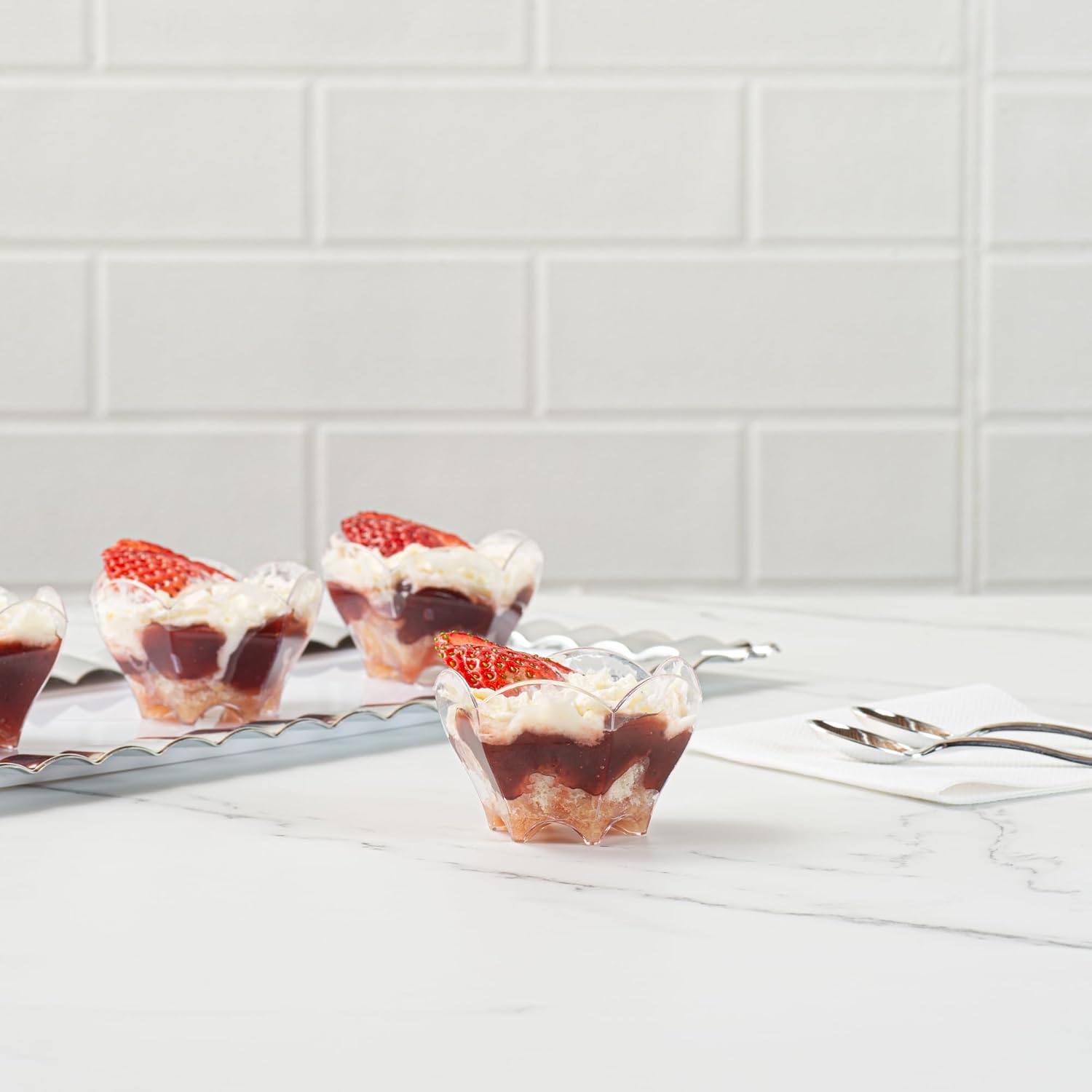 Restaurantware Mini Dessert Cups 25 Count 2 Ounces Plastic Dessert Shooters, Shatterproof Sturdy Cups, Flower Design, Clear Plastic Disposable Appetizer Containers For Outdoor Events