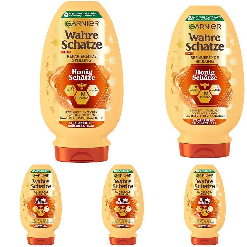 Garnier Wahre Schätze Reparierende Spülung Honig Schätze, kräftigt und nährt strapaziertes und brüchiges Haar, gegen Spliss, Conditioner, pflegende Formel, weniger Haarbruch, 1x200 ml (Packung mit 5)