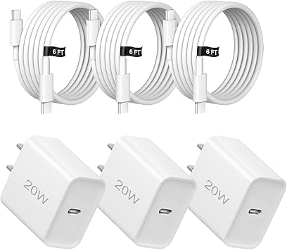 20W Fast Charger,3 Pack USB-C Port Charger with Type c-c Cable,for i Phone 17/16/15, i Pad and More 3 Pack White