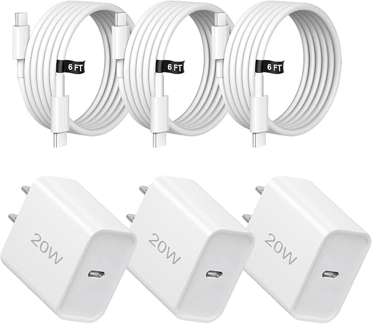 20W Fast Charger,3 Pack USB-C Port Charger with Type c-c Cable，for i Phone 17/16/15, i Pad and More (3 Pack White)