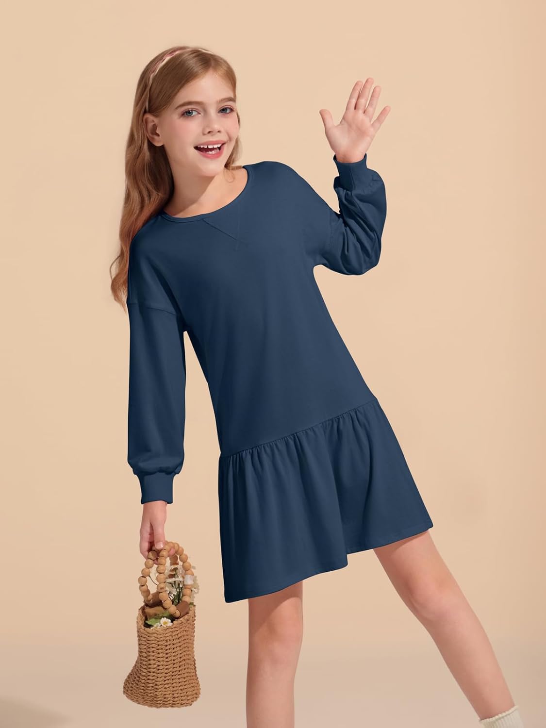 Haloumoning Girls Long Sleeve Dresses Sweatshirt Dress Kids Casual Crewneck Rib Knit Mini Dress 5-14 Years - Image 3