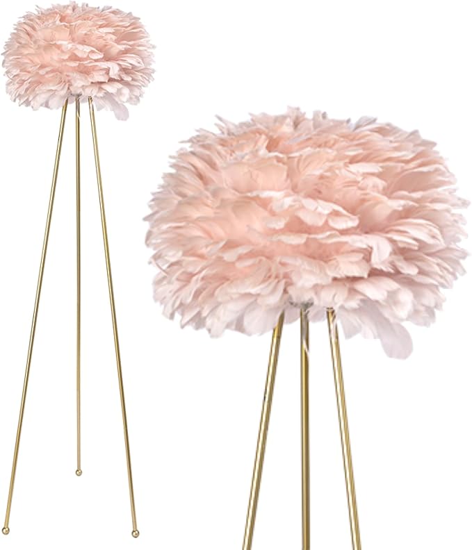 Maxax Dresmannst Maxax staande lamp met veer, modern, driepoot, met roze veerkap, staande lamp voor slaapkamer, woonkamer, eetkamer, keuken, goud klassiek