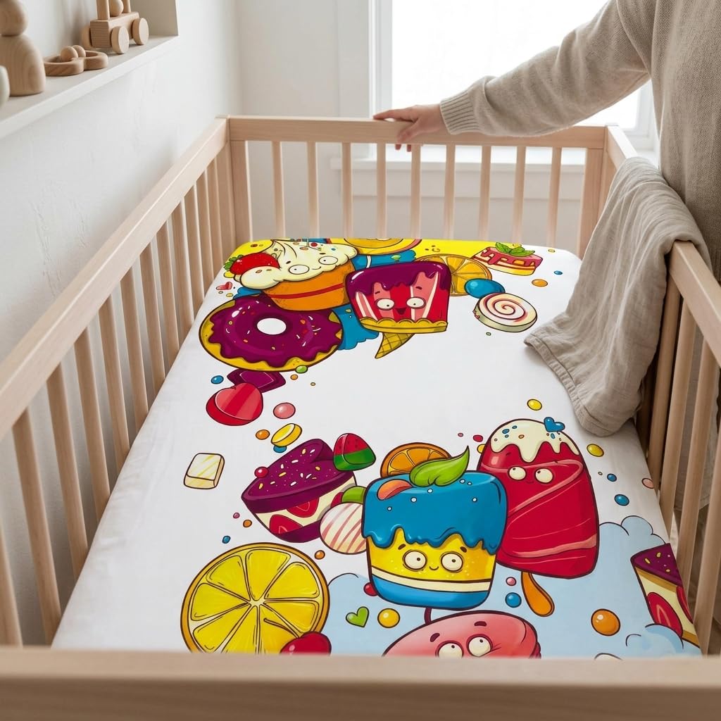 Sábana bajera ajustable para cuna de bebé, 100 % algodón, suave, transpirable, elástica, para cuna de tamaño estándar, ropa de cama de guardería, certificado Oeko-TEX, adorable patrón de dulces para