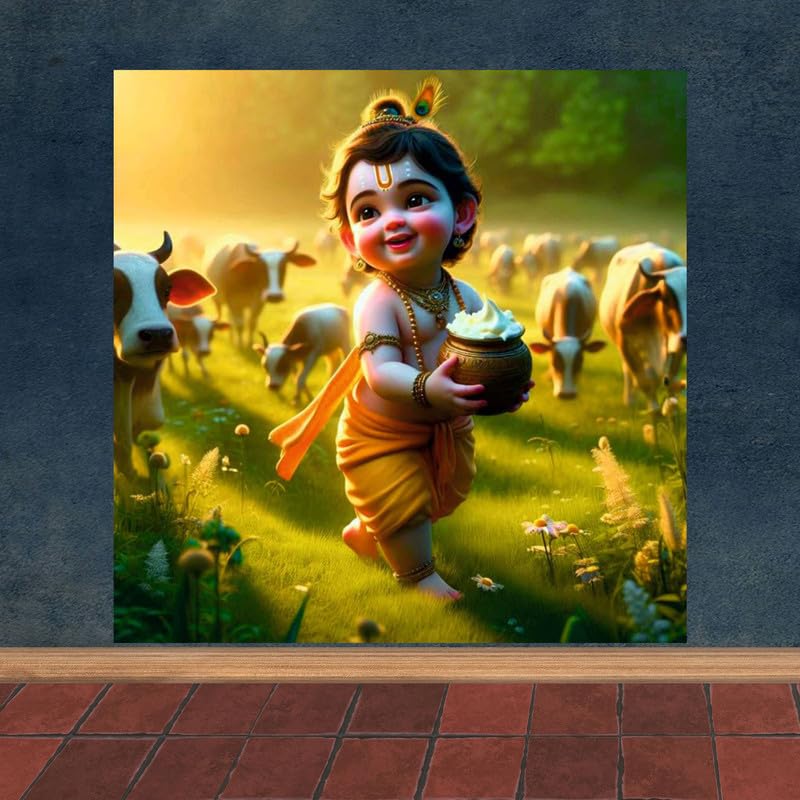 Image of British Terminal Cute little Bal Gopal Baby God Krishna| Kanha Ji | Laddu Lord Makhan Chor Painting Religious Poster for Pregnant Women for wall (matt thin vinyl,sticker,multicolor,unframed)| bj64