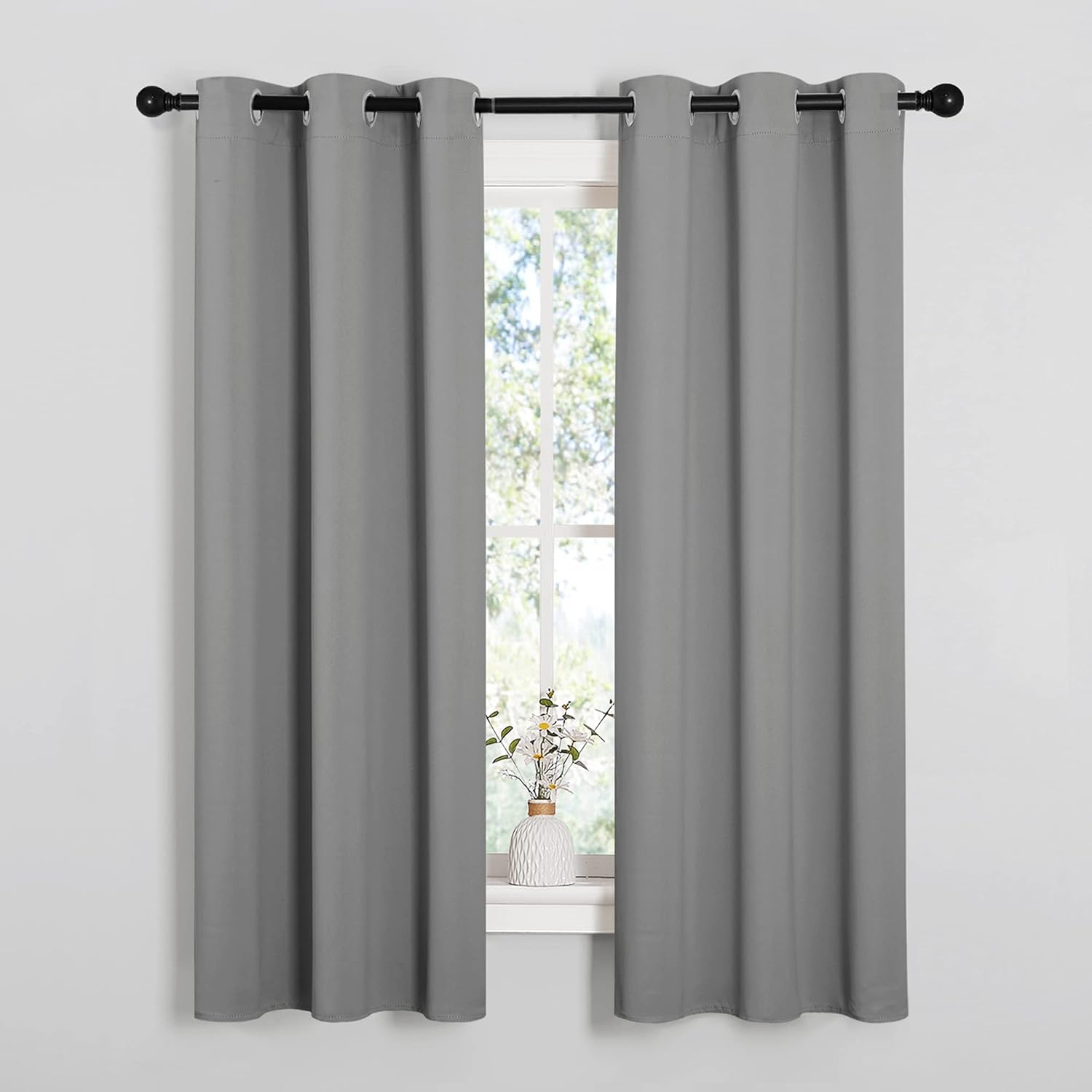 NICETOWN 1 Panel 46" x 63" Tie up Curtain with 2 Panles 34" x 63" Gromemt Blackout Curtains for Living Room Thermal Insulated Window Shade for Bedroom, Silver Grey