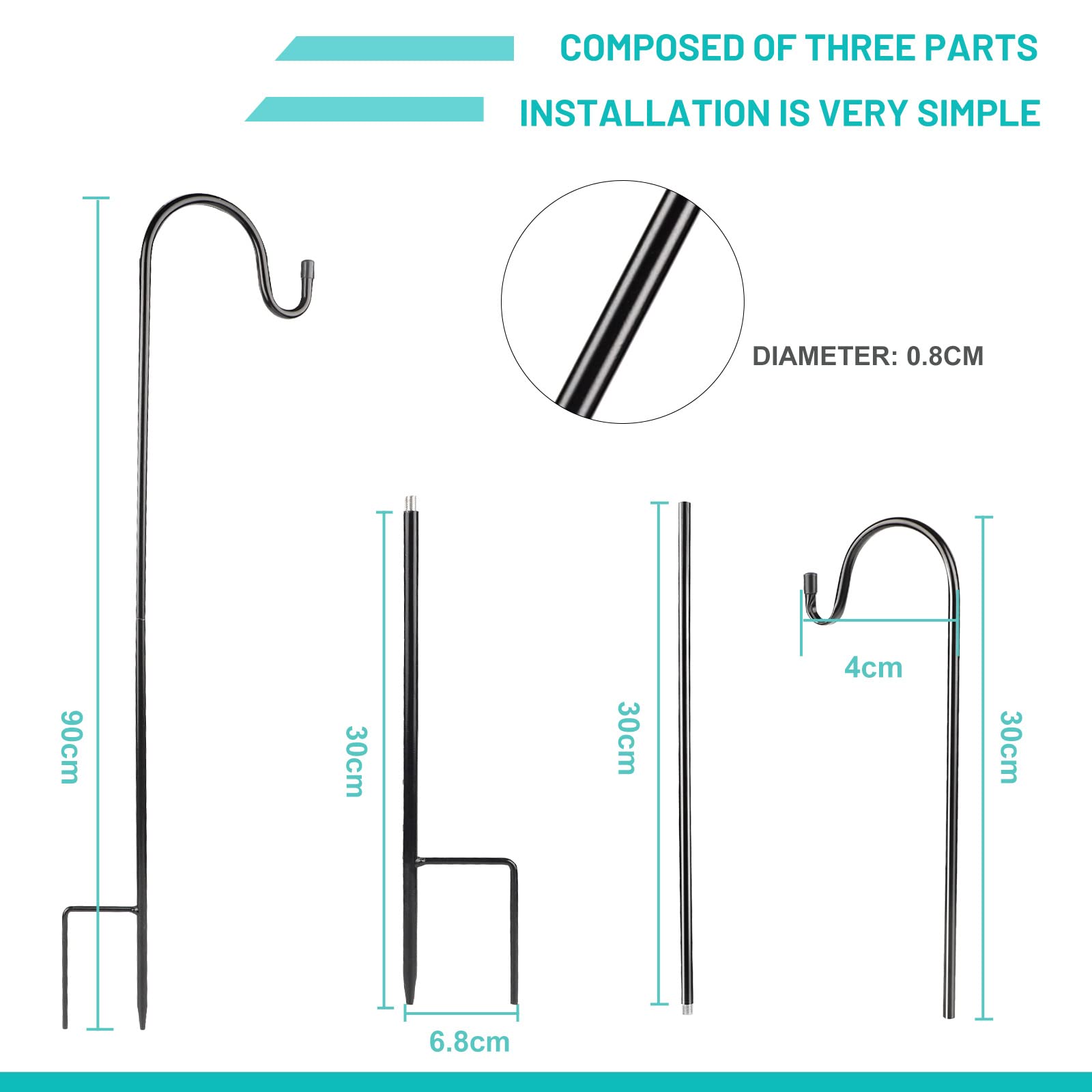 SWAWIS Lot de 4 Crochet De Berger Jardin 90CM pour l'extérieur Articles Décoratifs Suspendus, Lampes Solaires, Paniers à Plantes, Mangeoires