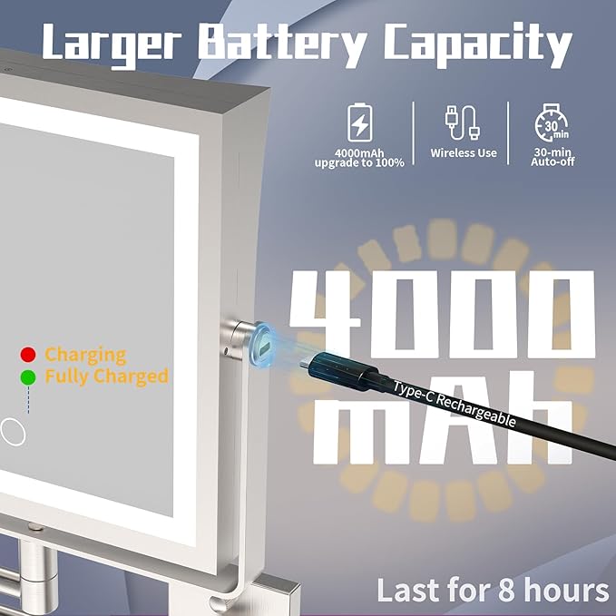 Espejo de pared con luces recargable 4000mAh doble cara 1X/10X aumento miniatura 3