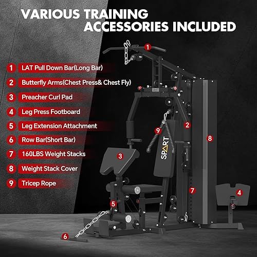Miniatura 4 de SPART Estación de gimnasio en casa, equipo multifuncional de entrenamiento de gimnasio en casa, con pila de peso de 160 libras para prensa de