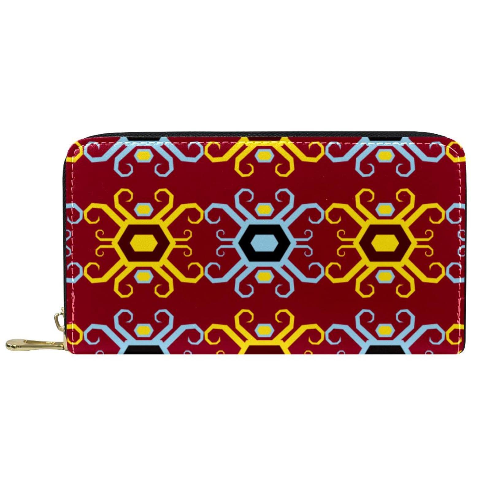 Cartera de cuero con cremallera larga roja con patrón geométrico abstracto, Varios colores, 20.5x2.5x11.5cm/8.07x1x4.53 in, Classic
