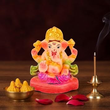 SATVIK 4 Inch - Colored Bal Ganesha Idol with Pagdi Eco Friendly Clay Ganpati Murti Decorative Spiritual Statue for Home Temple Office Desk and Gift