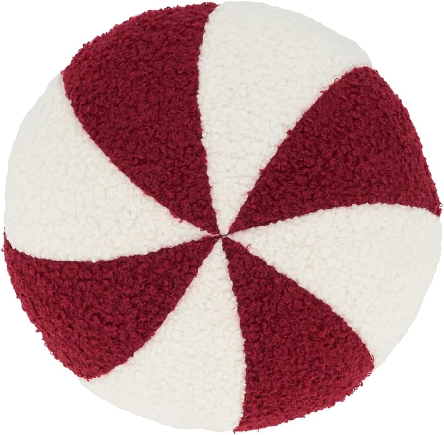 Fennco Styles Peppermint Candy Decorative Filled Throw Pillow 10" X 10" Round - Red and White Holiday Accent Pillow for Christmas, Home, Couch, Bedroom, Living Room and Office Decor