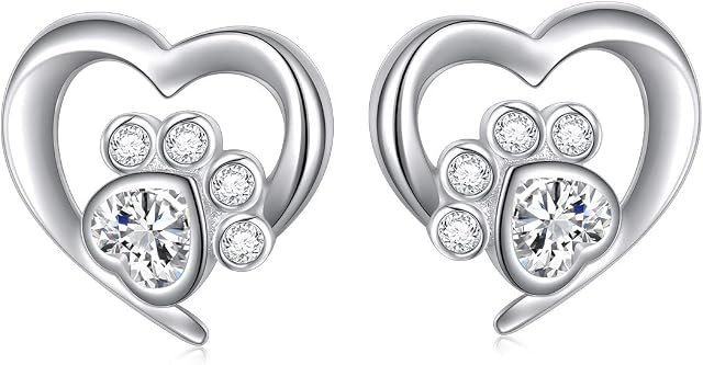 S925 Sterling Silver Cute Heart CZ Cat Puppy Paw Print Stud Earrings Valentine's Day Gifts for Women Pet Lovers(Paw Studs)