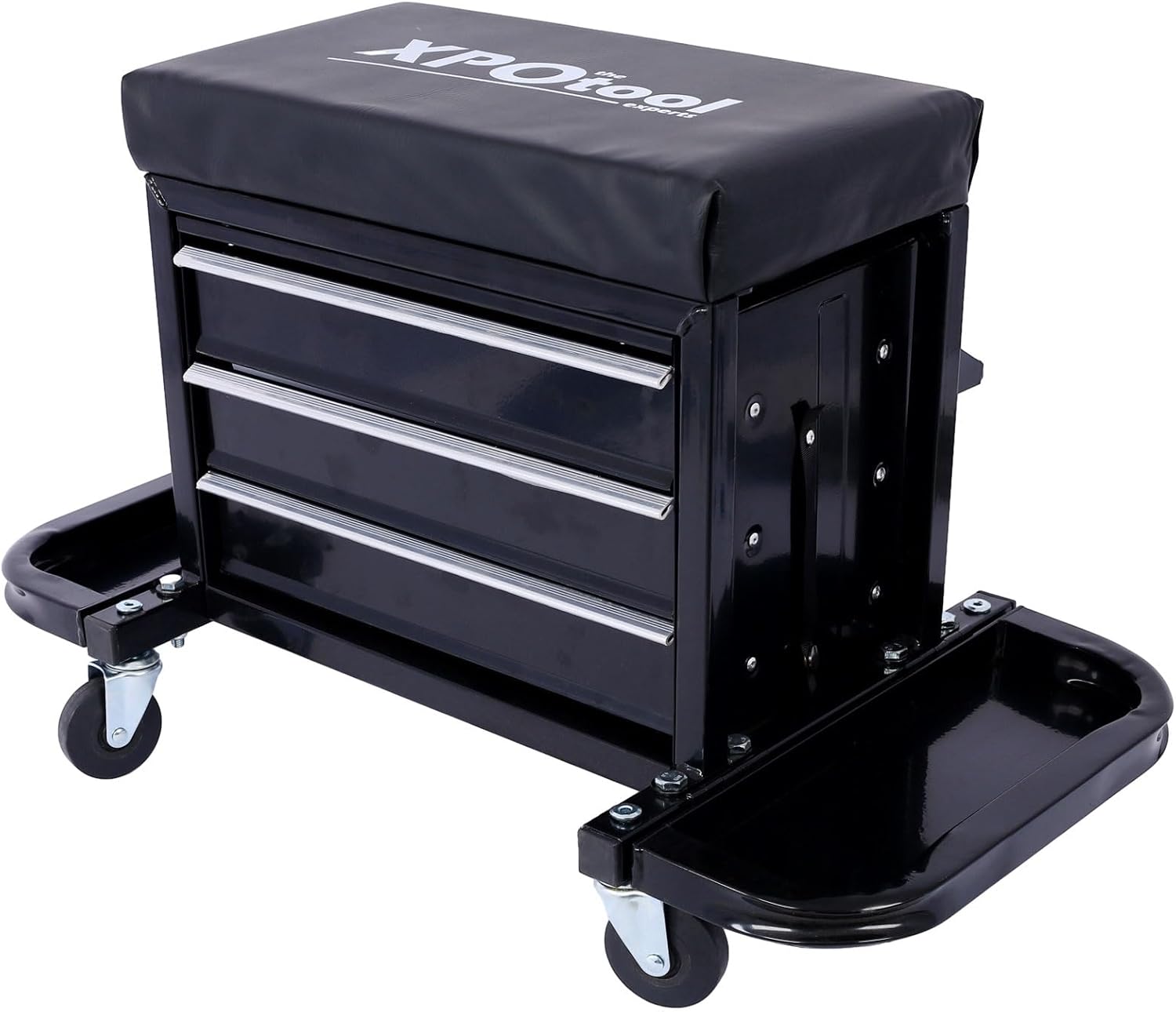Garage Glider Rolling Tool Chest Seat, 3-Drawer Mechanic Roller Seat with Tool Box, 350 LBS Capacity Padded Shop Stool with Magnetic Side Trays & Swivel Casters