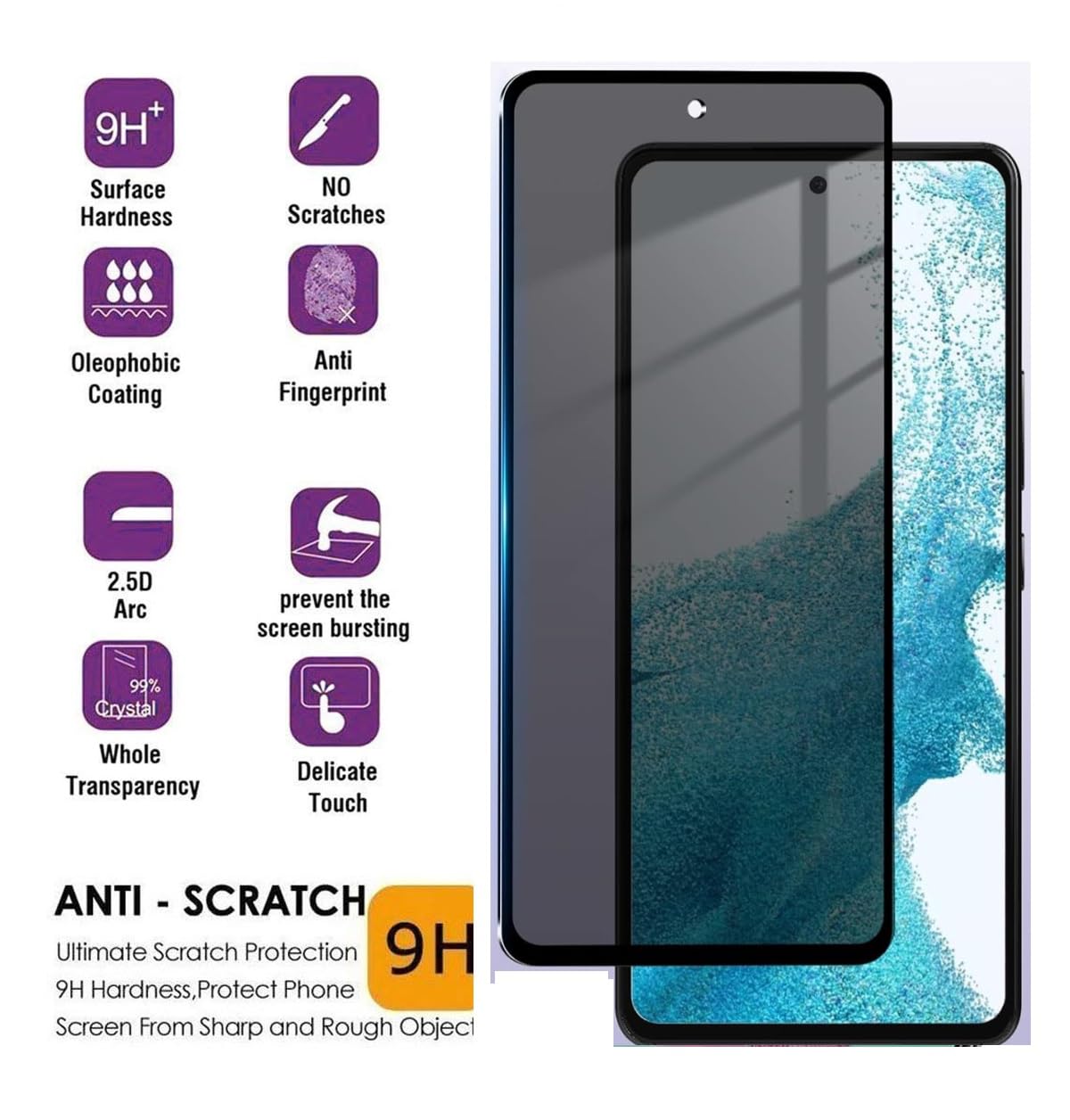 [2 sztuki do Samsung Galaxy A15 5G ochrona ekranu, szkło hartowane antyszpiegowskie, czarna, nietłukąca się folia ochronna do Galaxy A15 16.5 cm, bez pęcherzyków powietrza, odporne na
