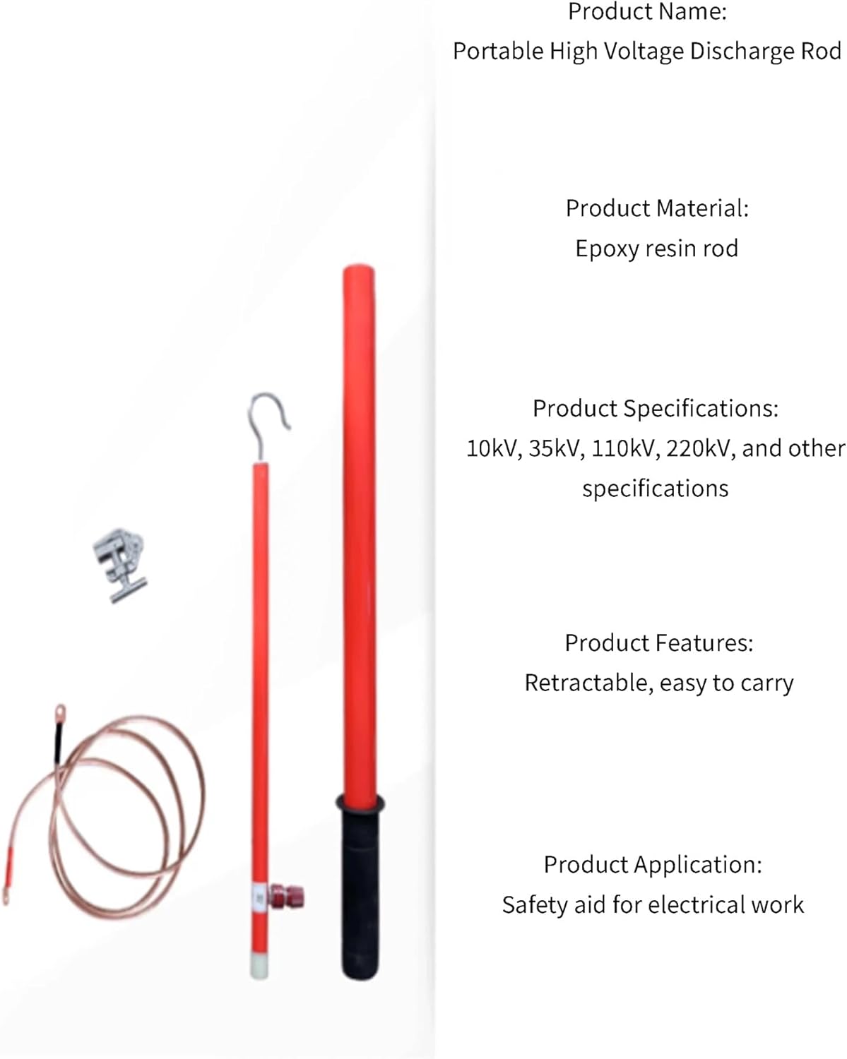 High Voltage Insulated Discharge Rod, Portable Telescopic Electrical Pole Tool for Electricians, 35kV Epoxy Resin Design, Safety Electric Discharge Stick
