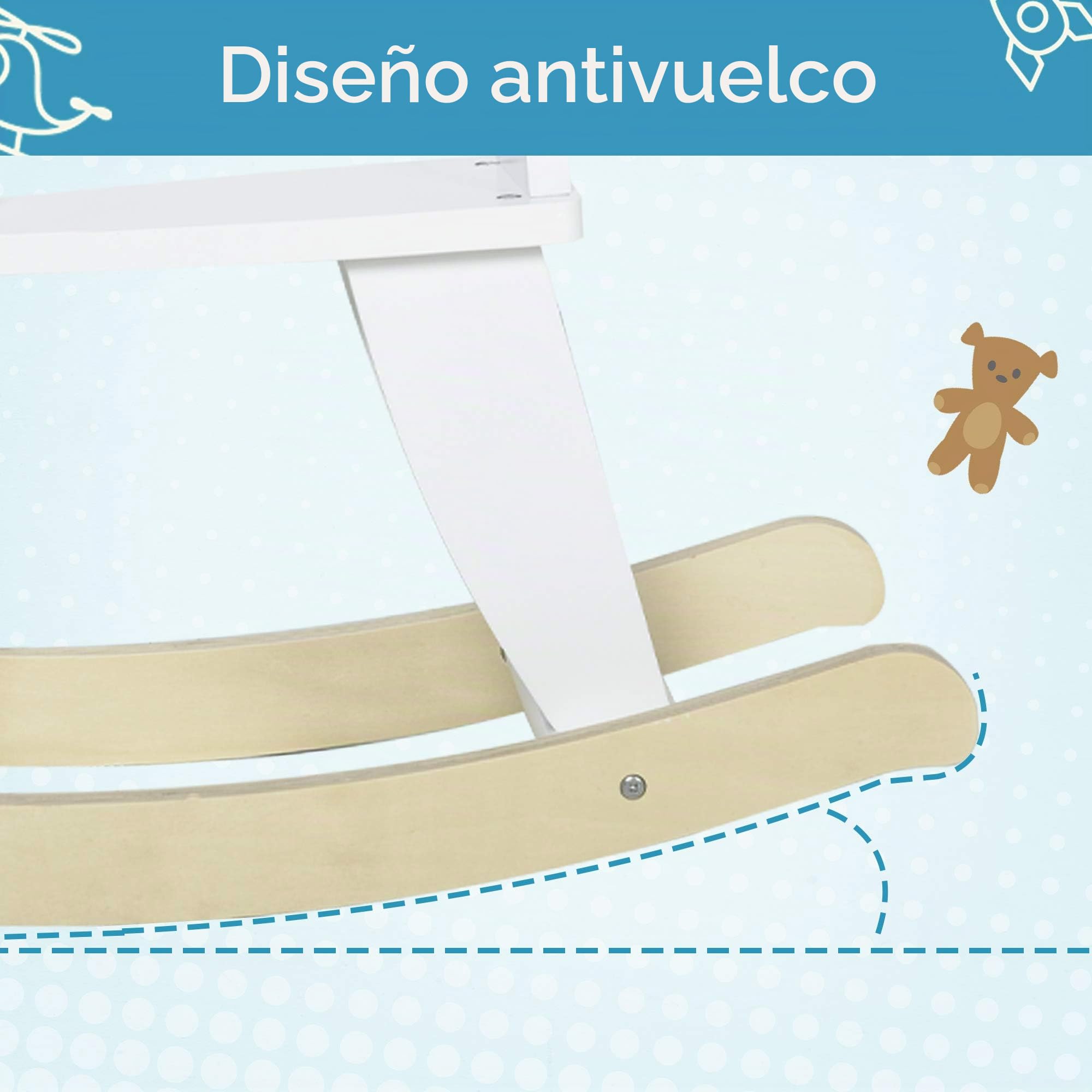 HOMCOM Caballo mecedor de Madera – Juego de Palanca con Asas, reposapiés y topes – MDF contrachapado Blanco y Madera Natural