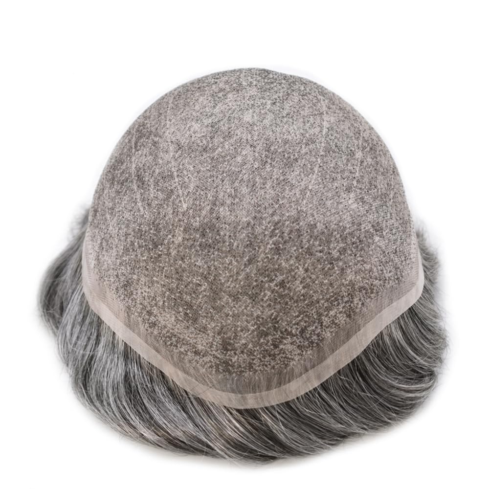 Mens Hair System Human Hair Fine Welded Lace Mens Toupee Hair Pieces For Men Human Hair Toupee For Men Hair Replacement System For Men8x10 80% light density#1B50 1B# OFF BLACK+50% GREY