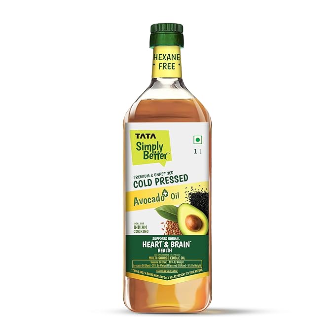 Tata Simply Better Avocado+ Blended Oil for Indian Cooking, Premium & Unrefined, 1L, Cold Pressed, Hexane Free, Blend of Avocado, Sesame & Flaxseed Oil, Rich in Omega-3 & ALA, Supports Normal Heart & Brain Health