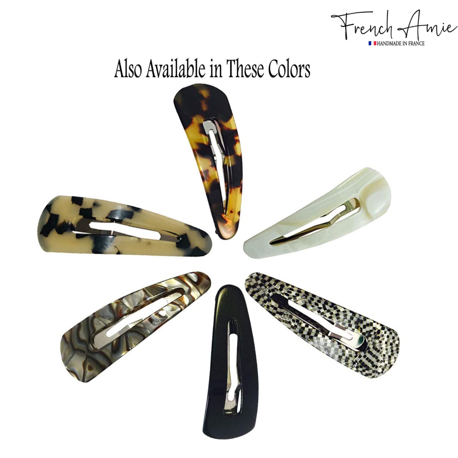French Amie Clic Clac Haarspangen, groß, handgefertigt, Zelluloid-Acetat, 2 Stück, rutschfeste Seiten-Haarspange für Damen und Mädchen, Weiß