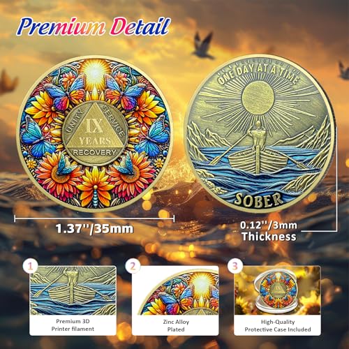 Image of Delicate Sunflower 9 Year Sobriety Coin - Nine Year Recovery Butterfly AA Coins - One Day at A Time NA HA AA Chips and Medallions - 1-40 Years Living Clean Alcoholics Anonymous Gifts for Men Women