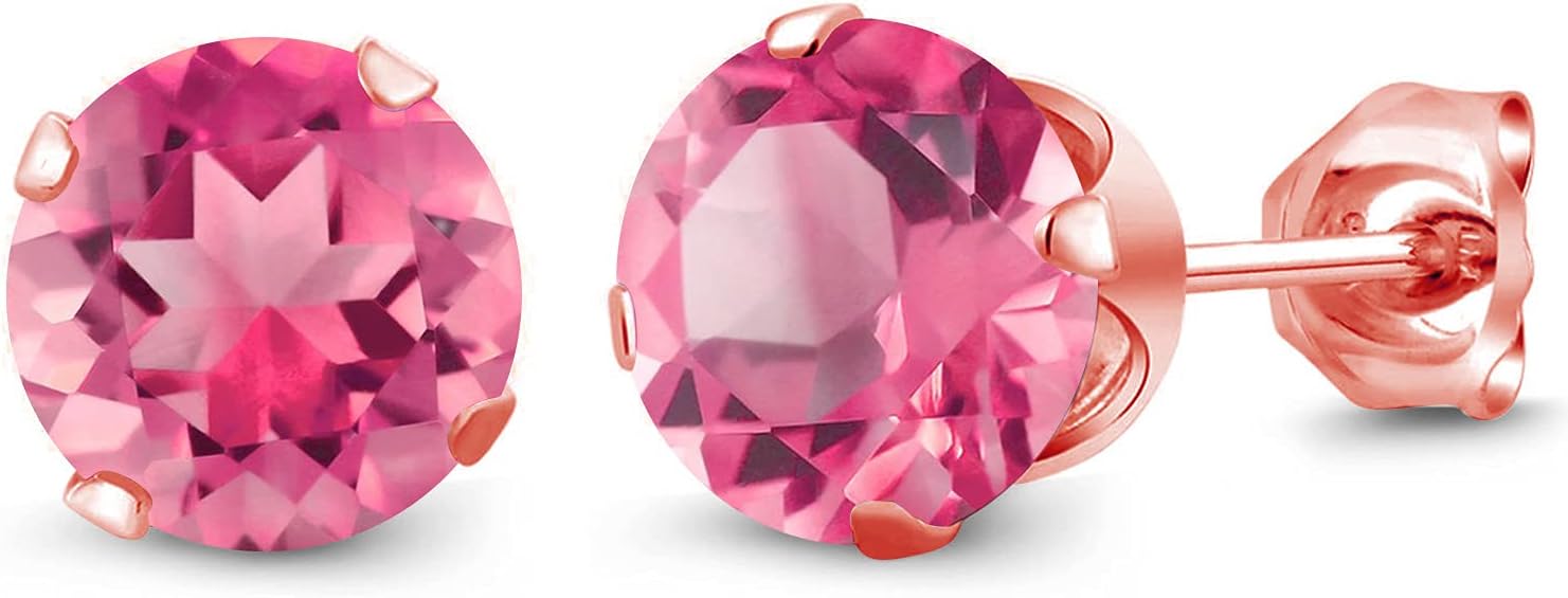 Gem Stone King 18K Rose Gold Plated Silver Pink Mystic Topaz Stud Earrings For Women Men (3.30 Cttw, Round 7MM)