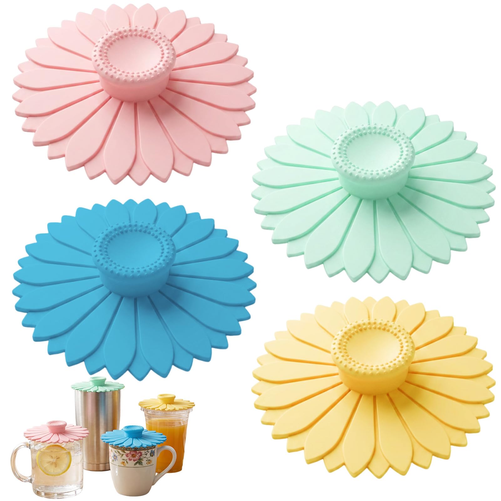 4 PCS Silicone Cup Lids, Sunflower Cup Covers for Drinks