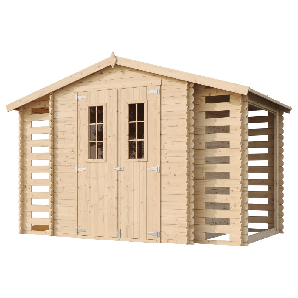 Holzhaus Gartenhaus mit Brennholzschuppen TIMBELA M391C - Gartenschuppen Holz B328xL206xH218 cm/ 3,53 + 0,97 + 0,97 m2 Lagerschuppen für Garten - Fahrrad Schuppen - Wasserfestes Dach
