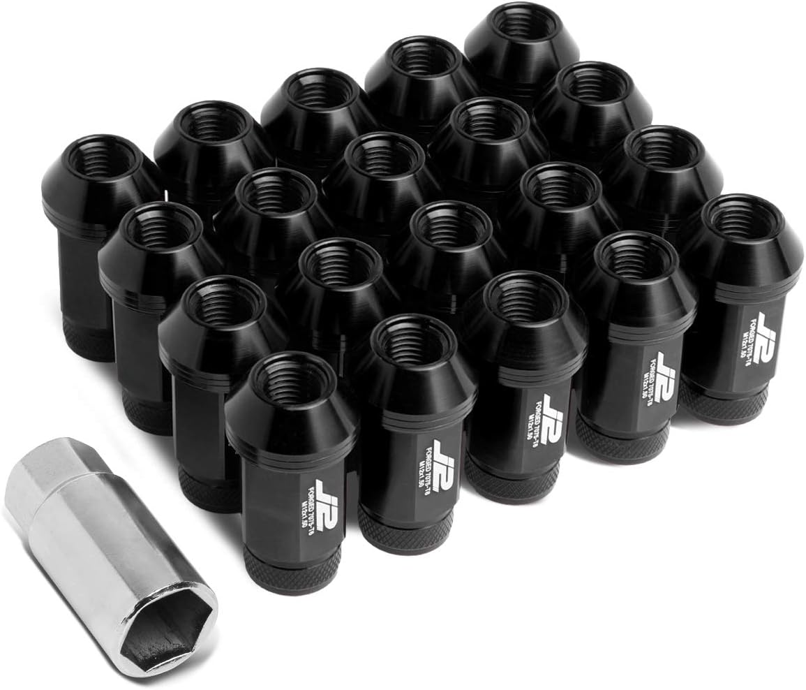 J2 Engineering LN-T7-021-15-BK Black 7075 Aluminum M12 x 1.5 20Pcs L: 50mm Knurled Top Lug Nuts w/Adapter