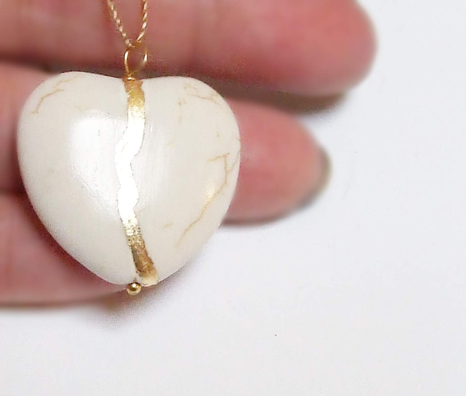 Kintsugi White Howlite Very Large Smooth Heart Mended with 23k Gold, Cord Necklace