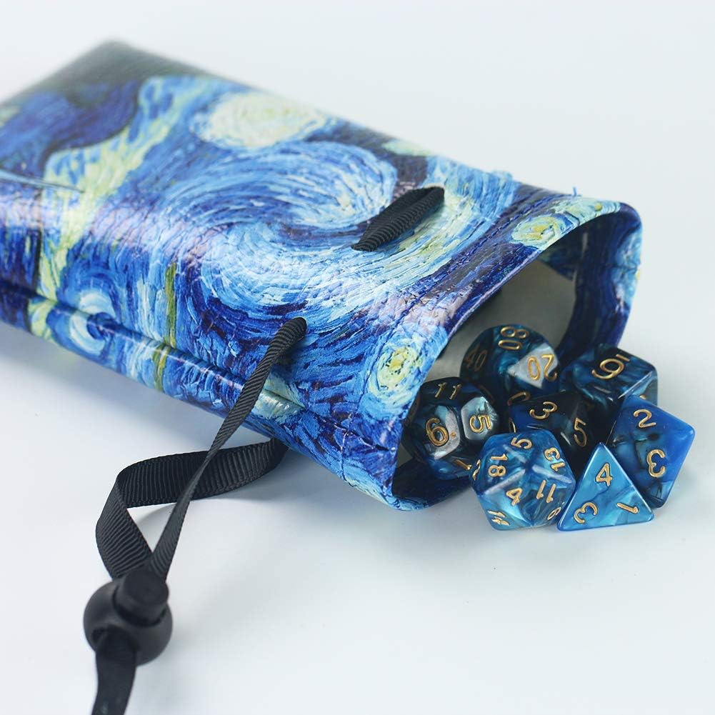 QIELIZI DND Dice Bag Pouch,PU Leather Dragon Dice Pouch Wih 7 Die Set Perfect for Dungeons and Dragons RPG D&D Dices, Coins and Accessories(Starry Sky)