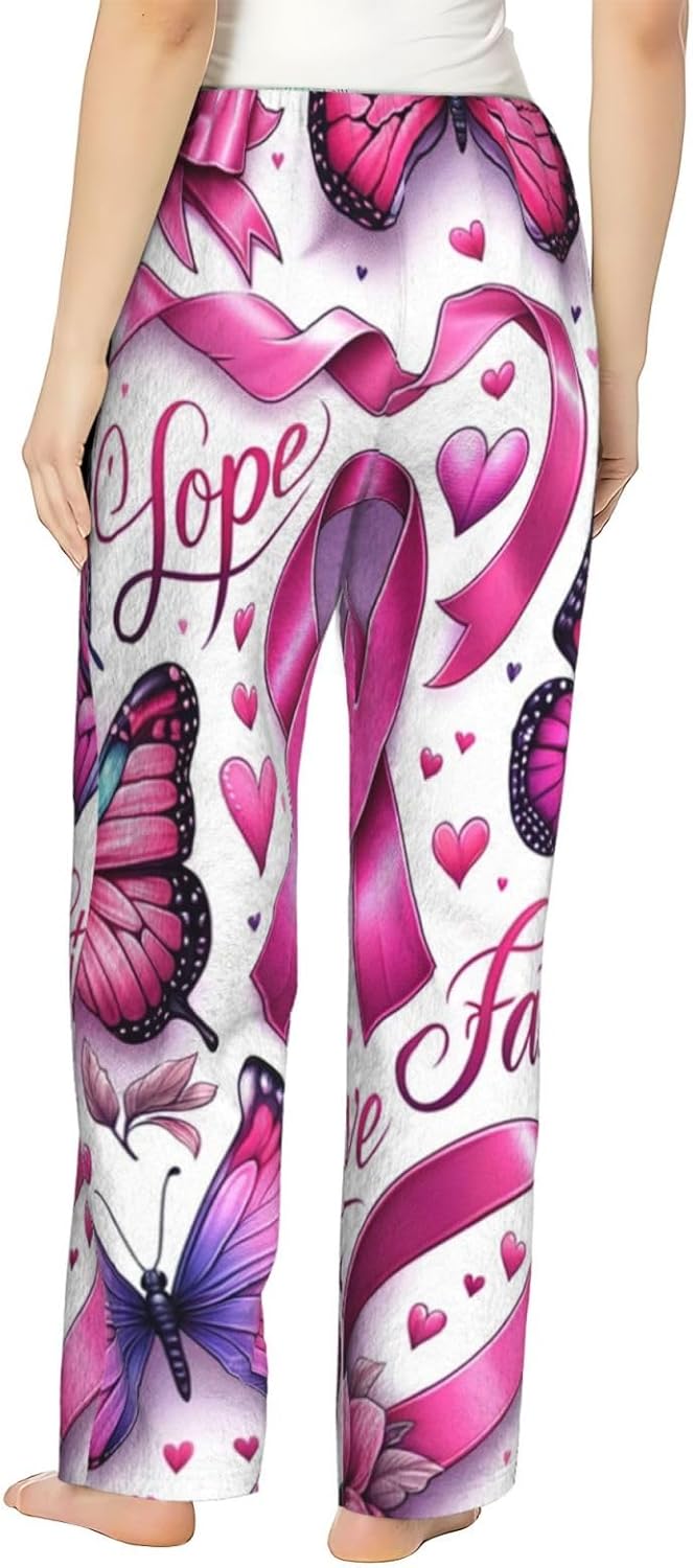 Women'S Faith-Ribbons-Butterfly Fleece Pajama Pants, Cozy Flannel Lounge Bottoms For Women
