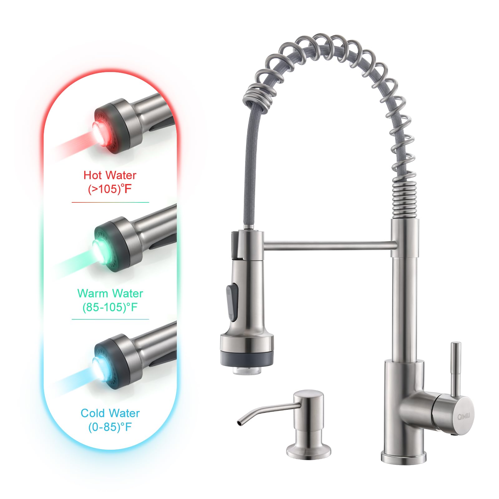 GIMILI Kitchen Faucet with Soap Dispenser Single Hole Pull Down Sprayer LED Faucet, Suitable for Farmhouses, RV, Laundry Room, Outdoor, and Campers. Llave para fregadero de cocina Brushed Nickel