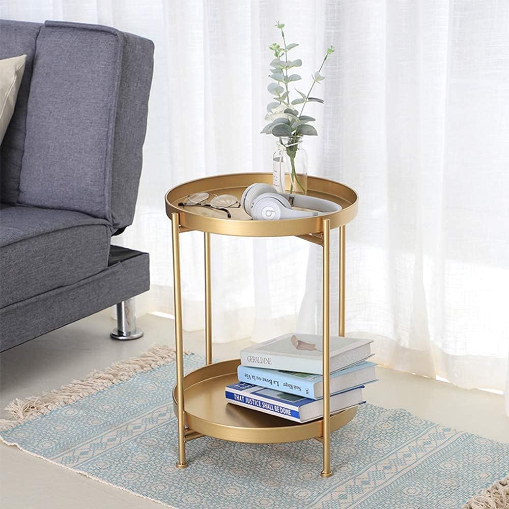 Black Friday - 70% OFF Gold Metal End Table, 2 Tier Circle Side Table, Sofa Table Removable Tray, Coffee Table Indoor/Outdoor (Gold)