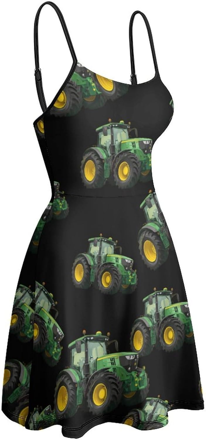 Farm Tractor Short Cami Dress for Women Adjustable Spaghetti Strap Flowy Sundress Beach Vacation