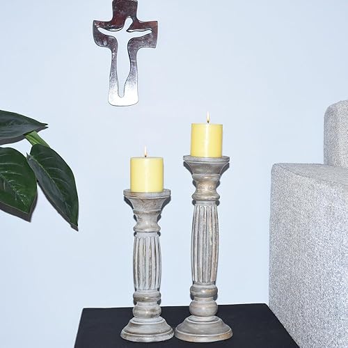 Miniatura 24 de Juego de dos portavelas de pilar de 6 y 9 pulgadas de madera de mango hecho a mano Antiguo anochecer