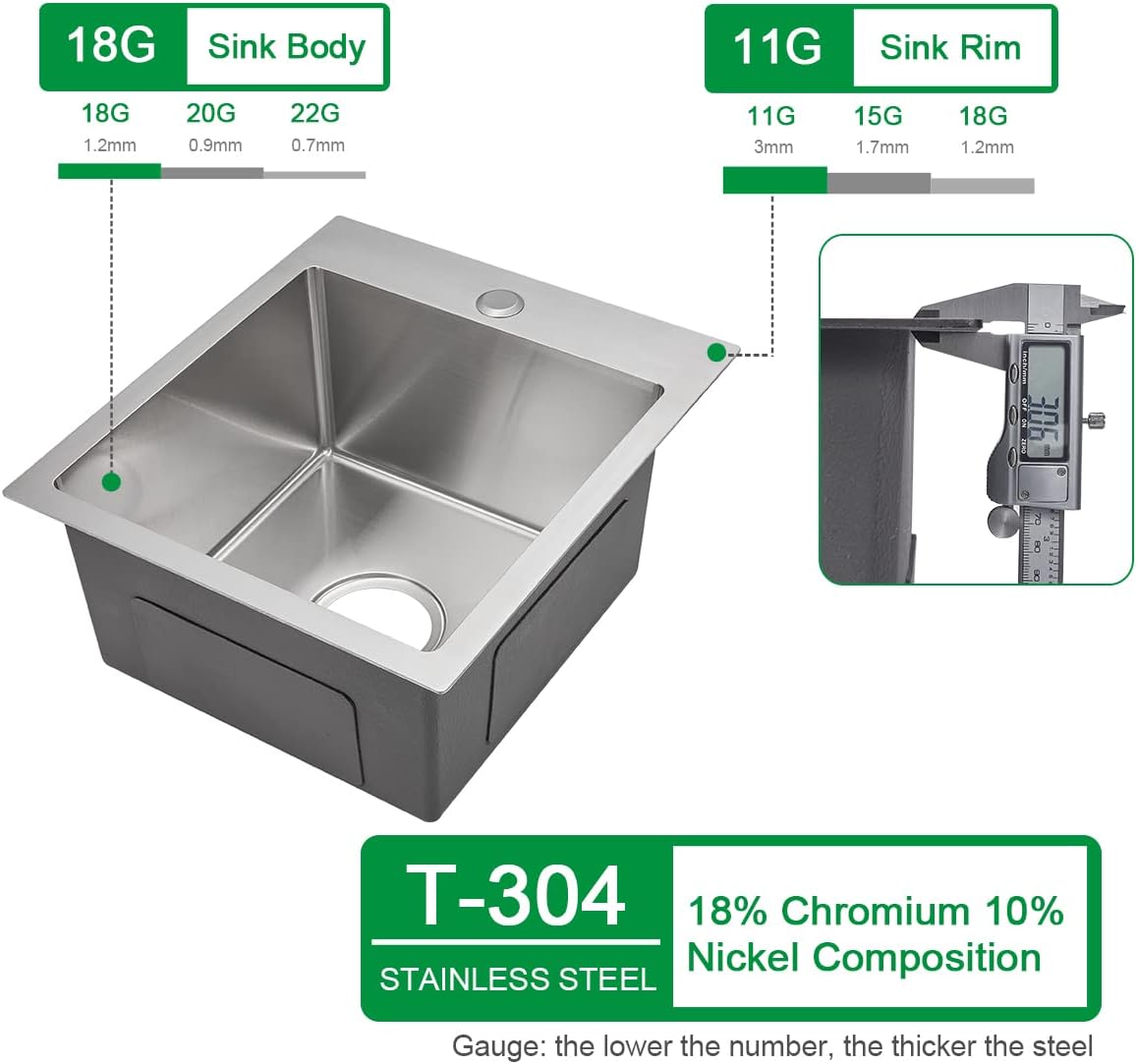 15 inch Bar Sink Drop in, 304 Stainless Steel Sink Single Bowl, 15"x17"x8" Small Sink Topmount for Wet Bar, Prep, RV, Apartment and Tiny Homes, Brushed