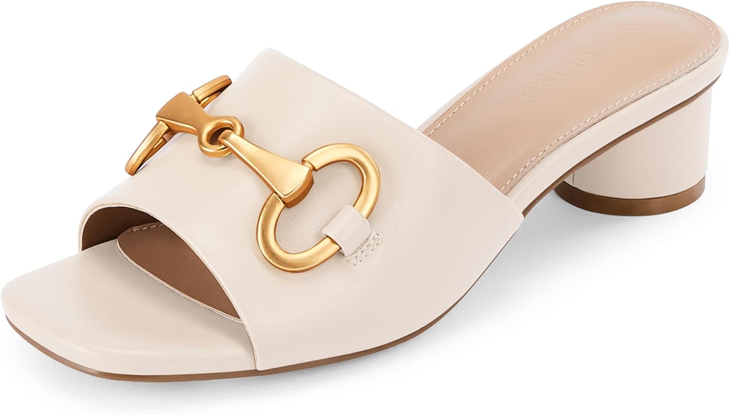 Coutgo Womens Heeled Slides Sandals Square Open Toe Chunky Block Kitten Low Heel Metal Chain Dressy Shoes