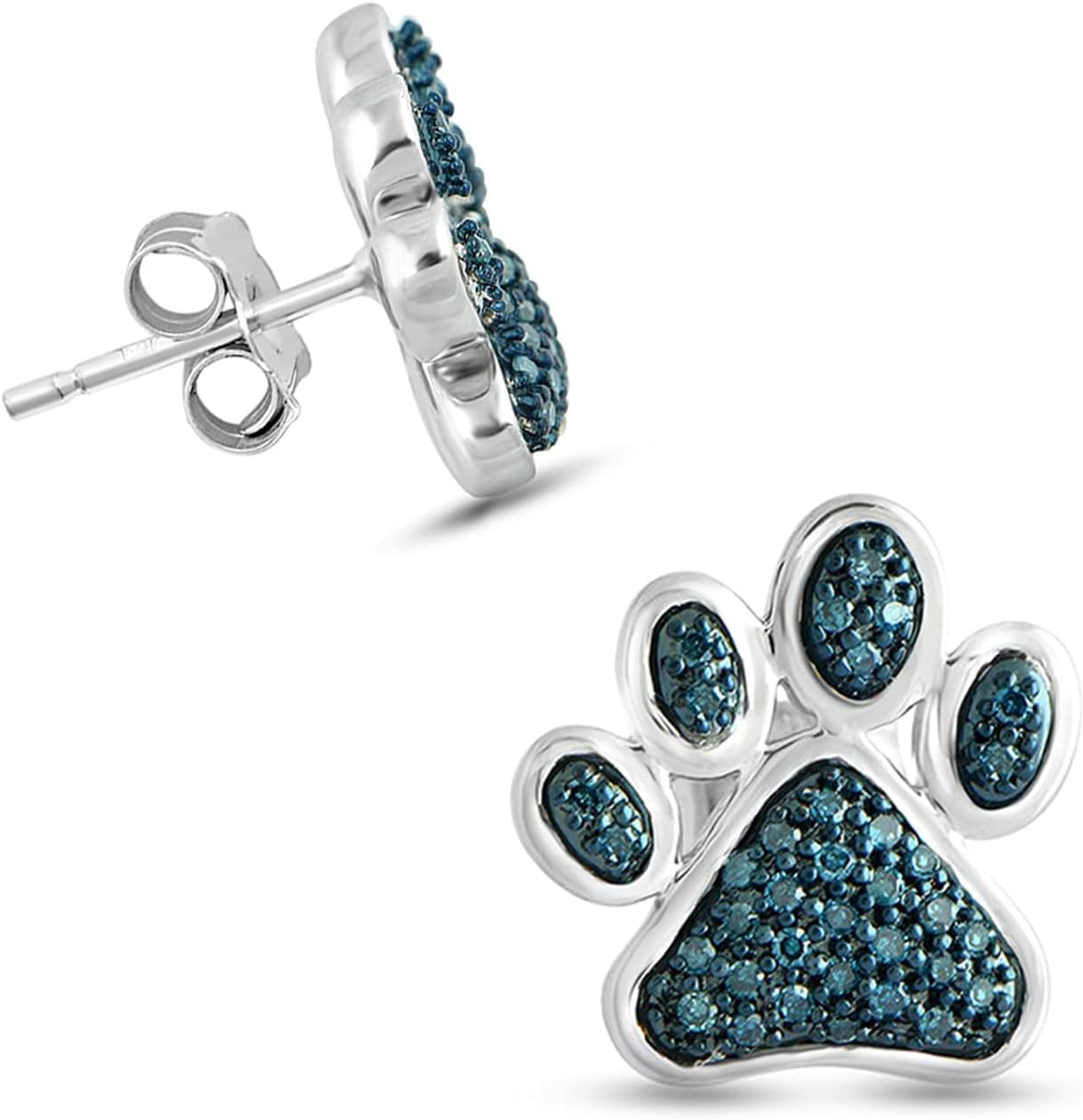 Jewelili Diamond Paw Earrings for Women | Sterling Silver | 1/6 CTTW Natural White or Champagne Diamonds | Pet Lover Jewelry | Cute Stud Earrings