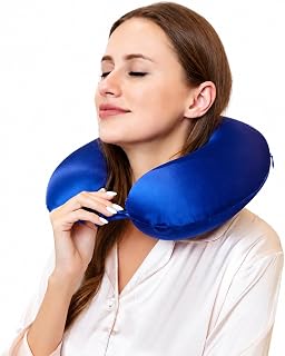 [Upgraded Softness] 100% Mulberry Silk Neck Pillow for Travel 22 Momme Real Silk Travel Pillow for Pain Relief Sleeping, Silk Airplane Pillow, Anti Wrinkle Travel Pillow Made in USA (Navy)