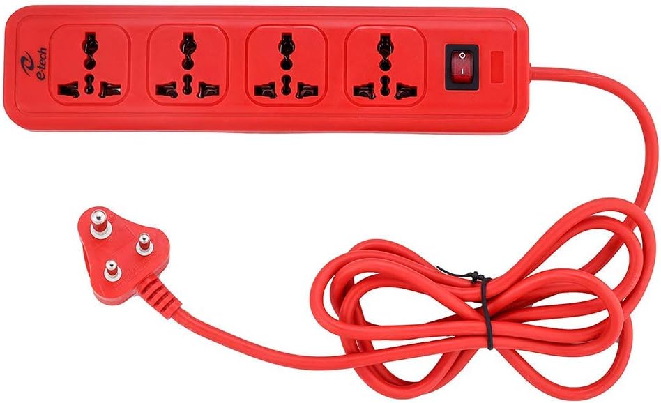 E-tech 4 Socket Extension Box Board with Surge Protector Spike Guard Power Strip Extension Cord Flex Box Power Indicator (Red, 6 feet Long Cable, 240 volts )