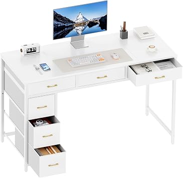 DLONGONE Computer Desk with 6 Fabric Drawers, 120 cm Reversible Study Table