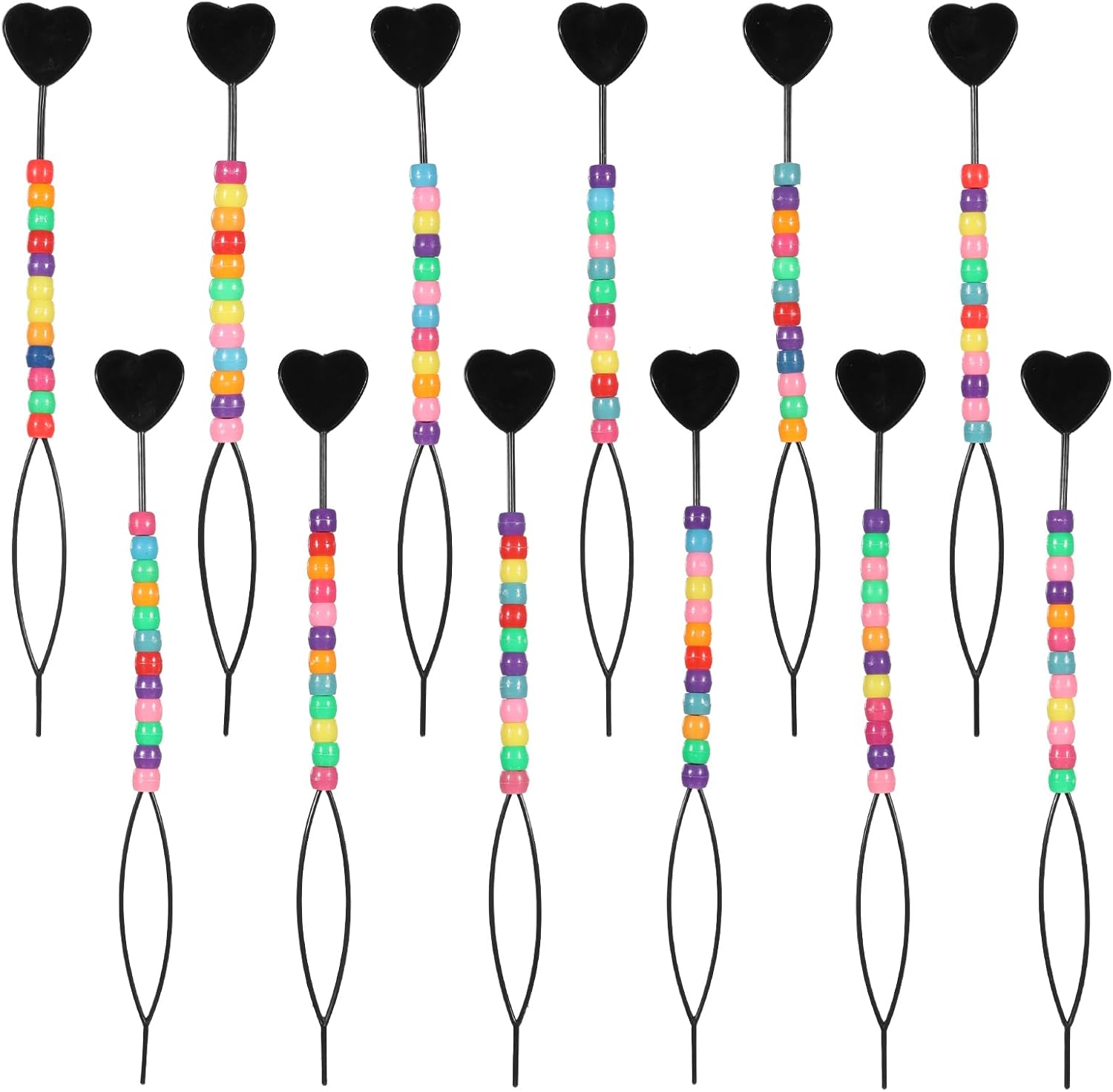 Quick Tail Hair Beader for Braiding Beads on Braids, 12 PCS Black Elastic Hair-Beader Loop Bead Threader Set with Colorful Beads for Women Girls Ponytail Topsy Hairstyling Maker