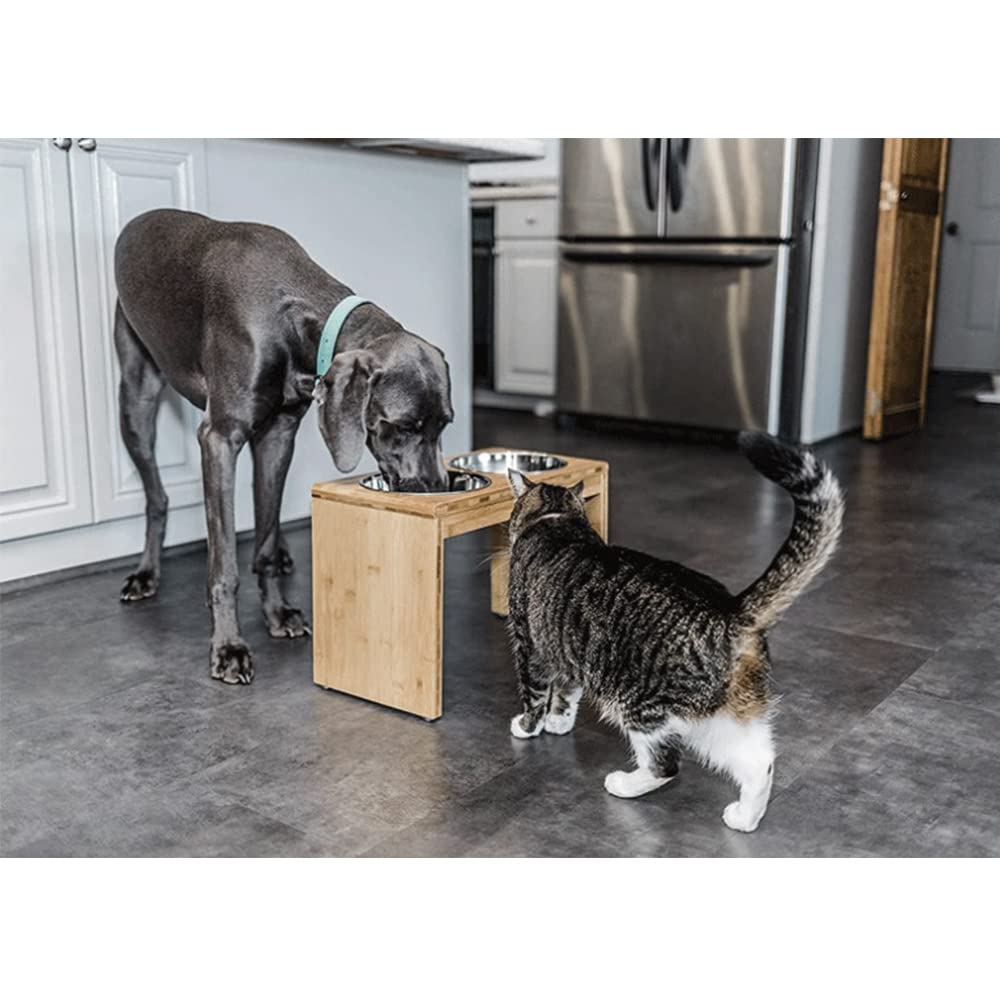 Gamelles surélevées - pour Chiens et Chats - Supports surélevés en Bambou avec 2 gamelles d'eau et de Nourriture en Acier Inoxydable - avec Pieds antidérapants (Deux Bols (Bois Naturel))