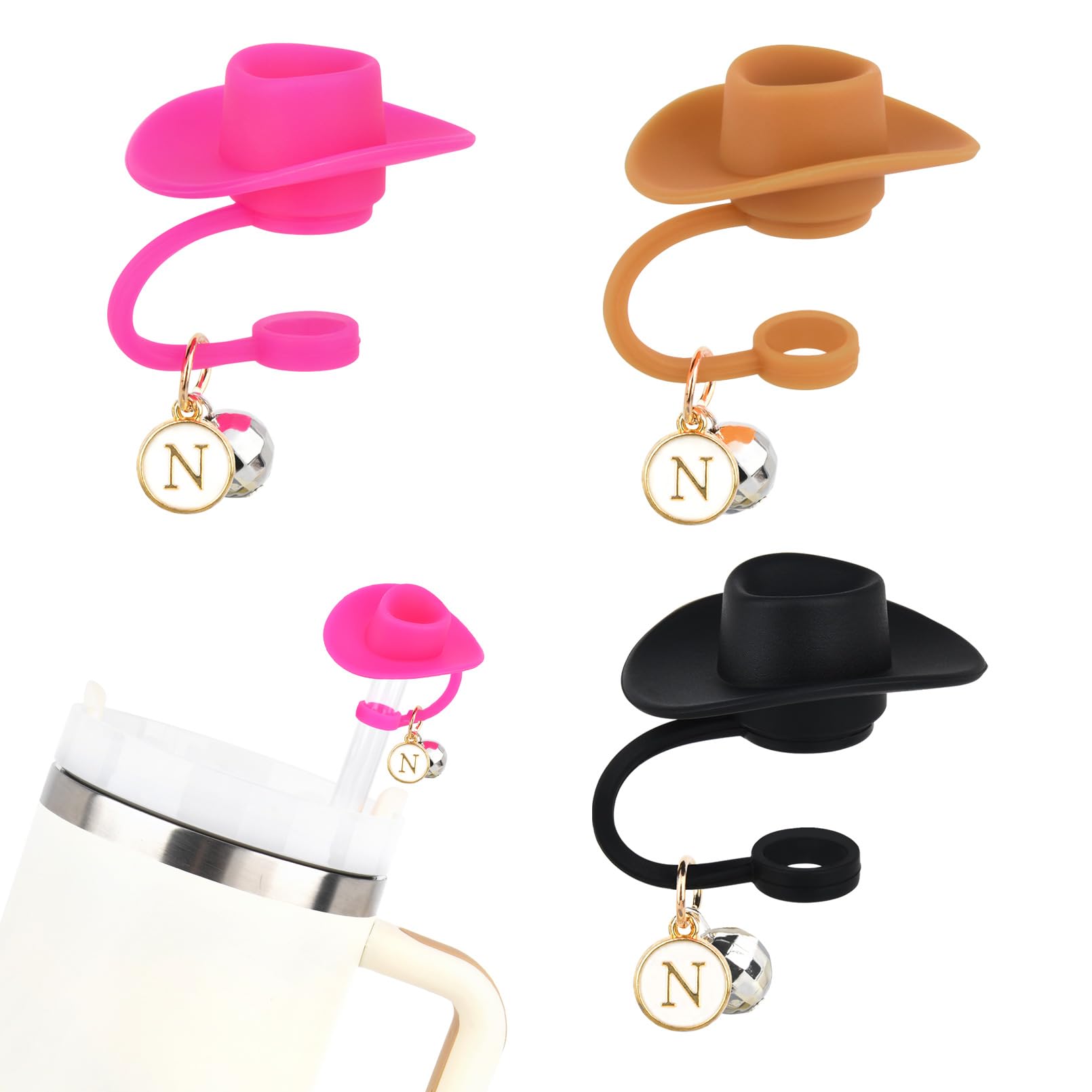 3PCS Cowboy Hat Disco Ball Straw Cover with Letter Charm Personalized Initial Straw Toppers Fits for Stanley Cup 30&40 Oz Disco Cowgirl Party Western Cup Accessories Gift -N