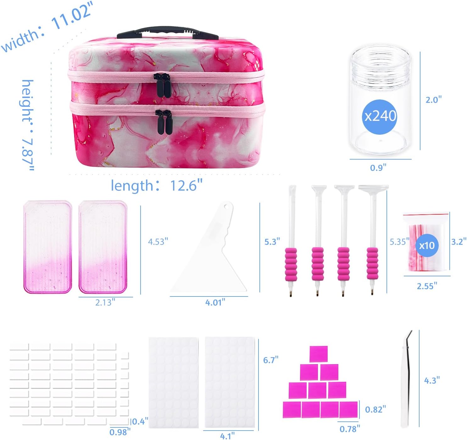 Diamond Art Storage Containers with Dot Drill Tools,240 Slots Bead Organizer Case for 5D DIY Art Kits, Portable Craft Box for Diamond Painting Accessories (Pink)